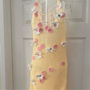 For Love And Lemons Yellow Crochet Maxi Dress with Pink & White Floral Details